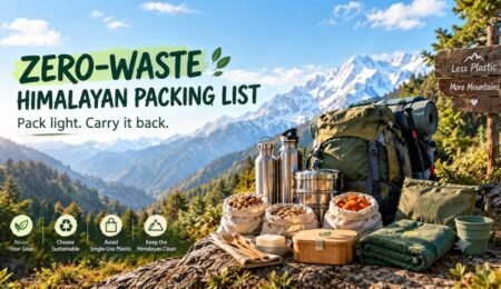 Eco friendly travel packing list items laid out for a Himalayan trek Eco friendly travel packing list items laid out for a Himalayan trek
