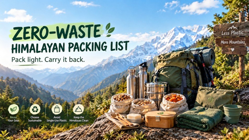 Eco friendly travel packing list items laid out for a Himalayan trek